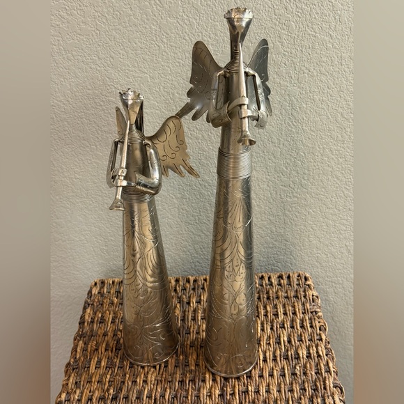 Metal Angel Trumpet Sculptures Pair Modern Pewter Angel Musical Angel Statues